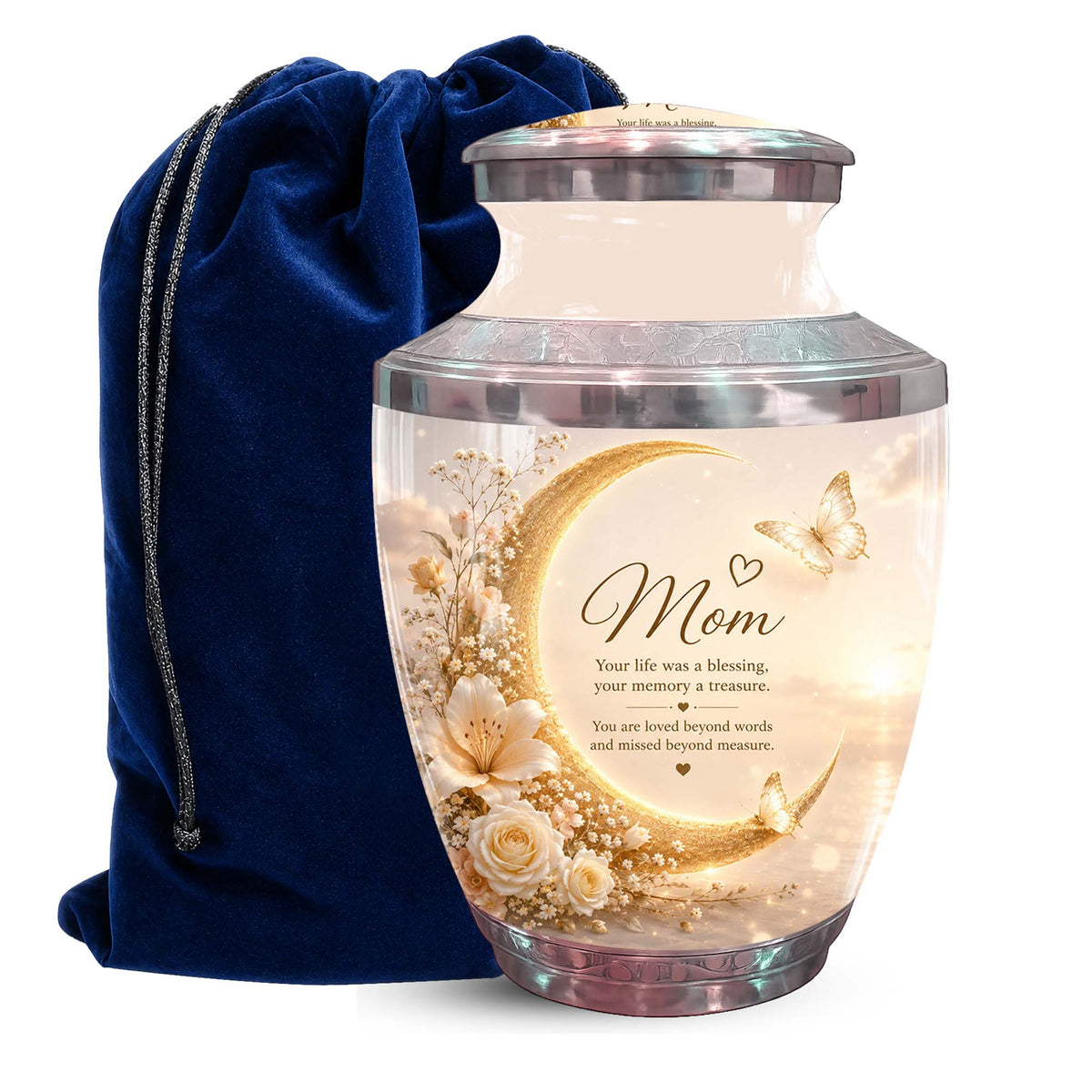 Crescent Moon Memorial Urn For Mom - Floral Urn For Ashes