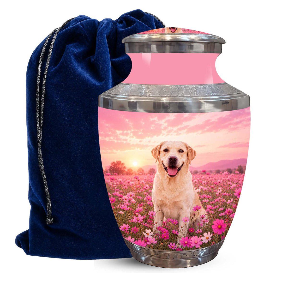A memorial urn with a pink sky and dog in a flower field printed design, shown next to a dark blue velvet drawstring bag on a white background.