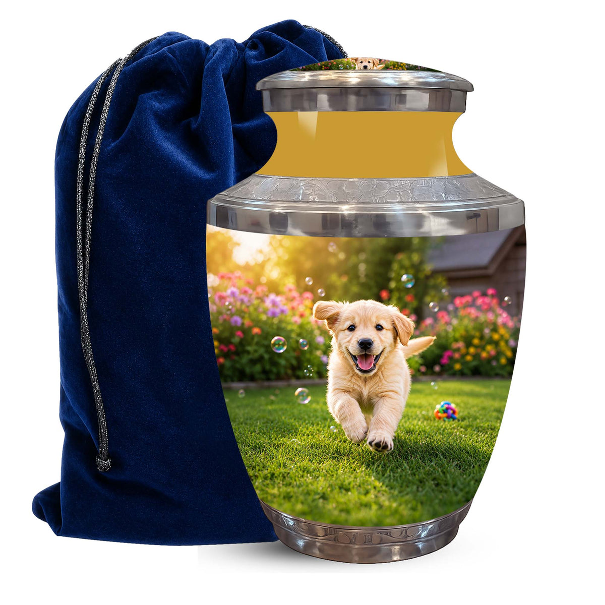 A pet memorial urn with a printed photo of a golden retriever puppy running on grass in a flower garden, shown next to a dark blue velvet drawstring bag on a white background.