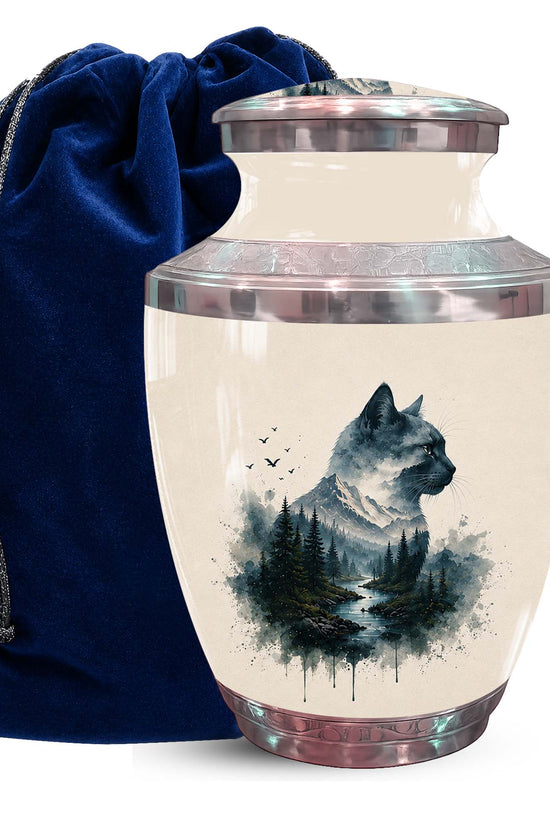 Cat Silhouette Cremation Urn For Pet - Nature Themed Urn For Cat