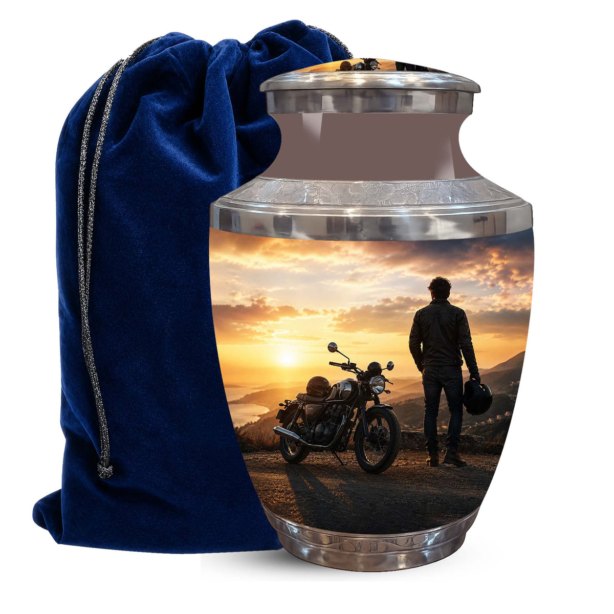 A ceramic cremation urn with a custom printed photo of a motorcycle rider at sunset, shown next to a dark blue velvet drawstring bag on a white background.