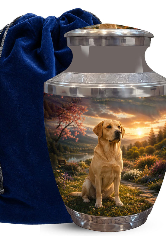 A memorial urn with a custom printed image of a golden retriever dog in a scenic landscape, shown next to a dark blue velvet drawstring bag on a white background.