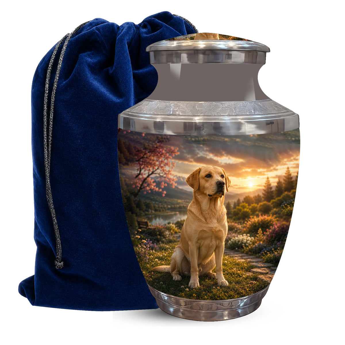 A memorial urn with a custom printed image of a golden retriever dog in a scenic landscape, shown next to a dark blue velvet drawstring bag on a white background.