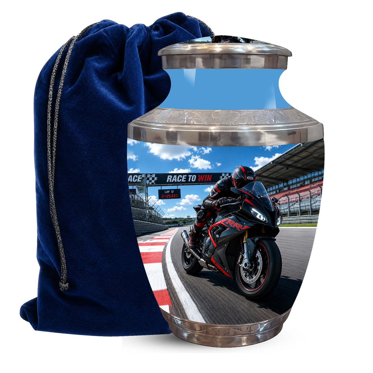 A glossy ceramic or glass memorial urn with a racing motorcycle graphic on the front, shown next to a dark blue velvet drawstring bag on a white background.