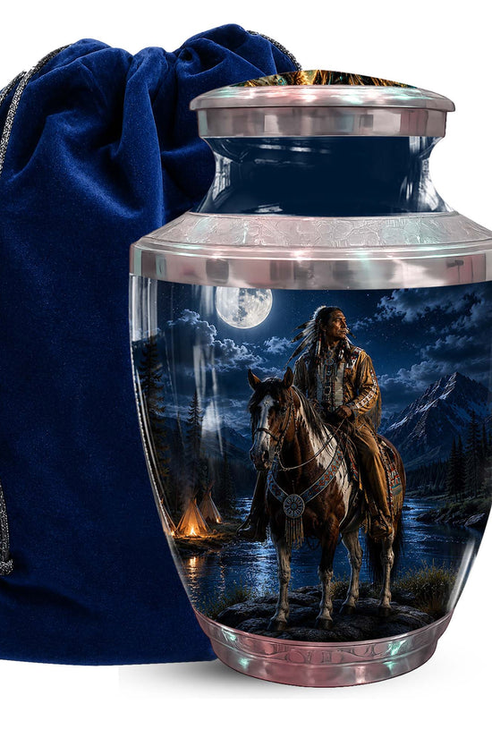 Native American Cremation Urn - Moonlit Horse Rider Urn For Adults