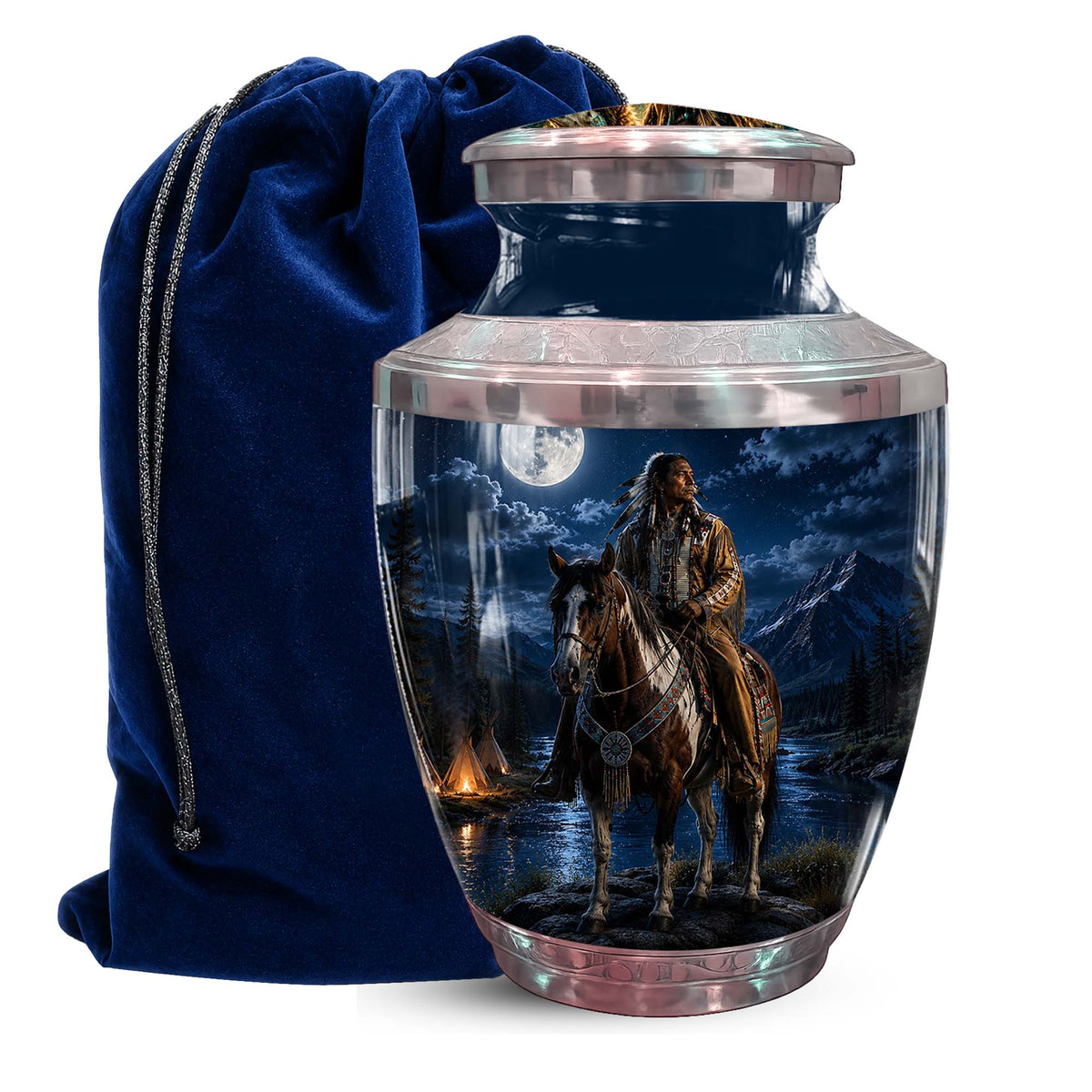 Native American Cremation Urn - Moonlit Horse Rider Urn For Adults