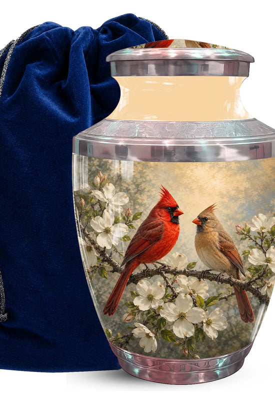 Cardinal Birds Memorial Urn For Ashes - White Blossom Funeral Urn