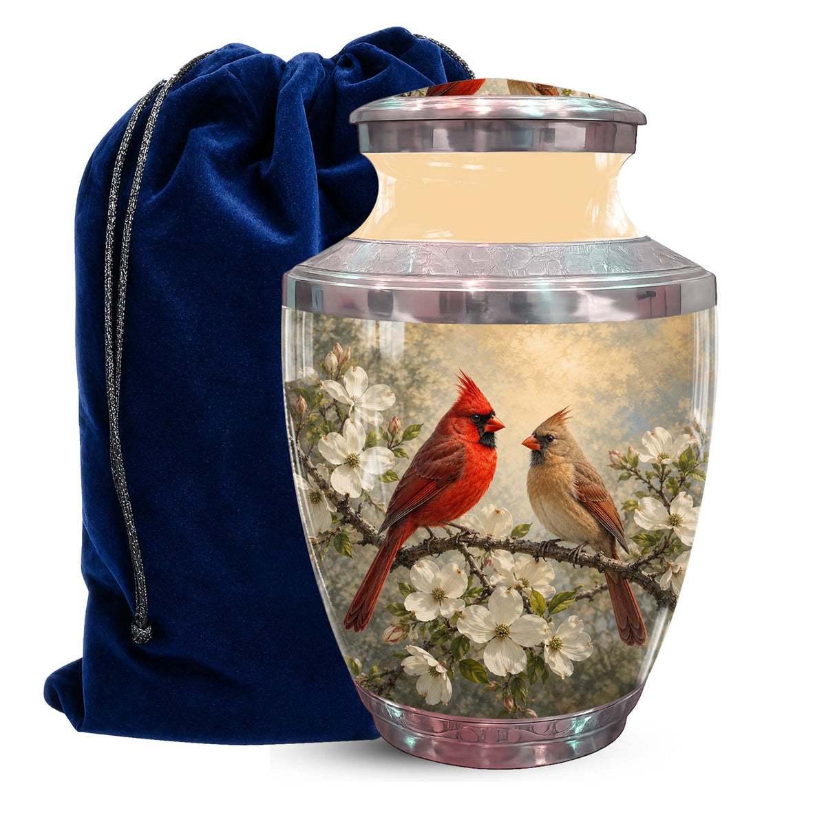 Cardinal Birds Memorial Urn For Ashes - White Blossom Funeral Urn
