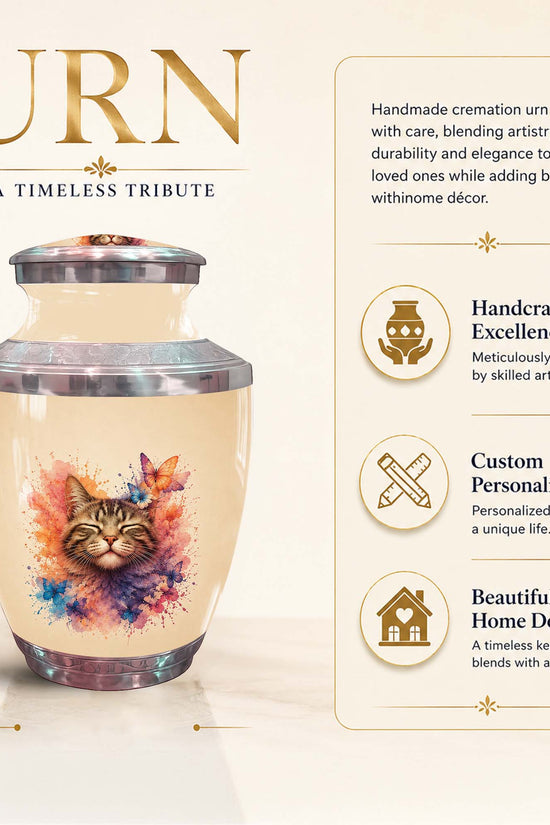Cat Memorial Urn For Pet Ashes - Watercolor Butterfly Pet Urn