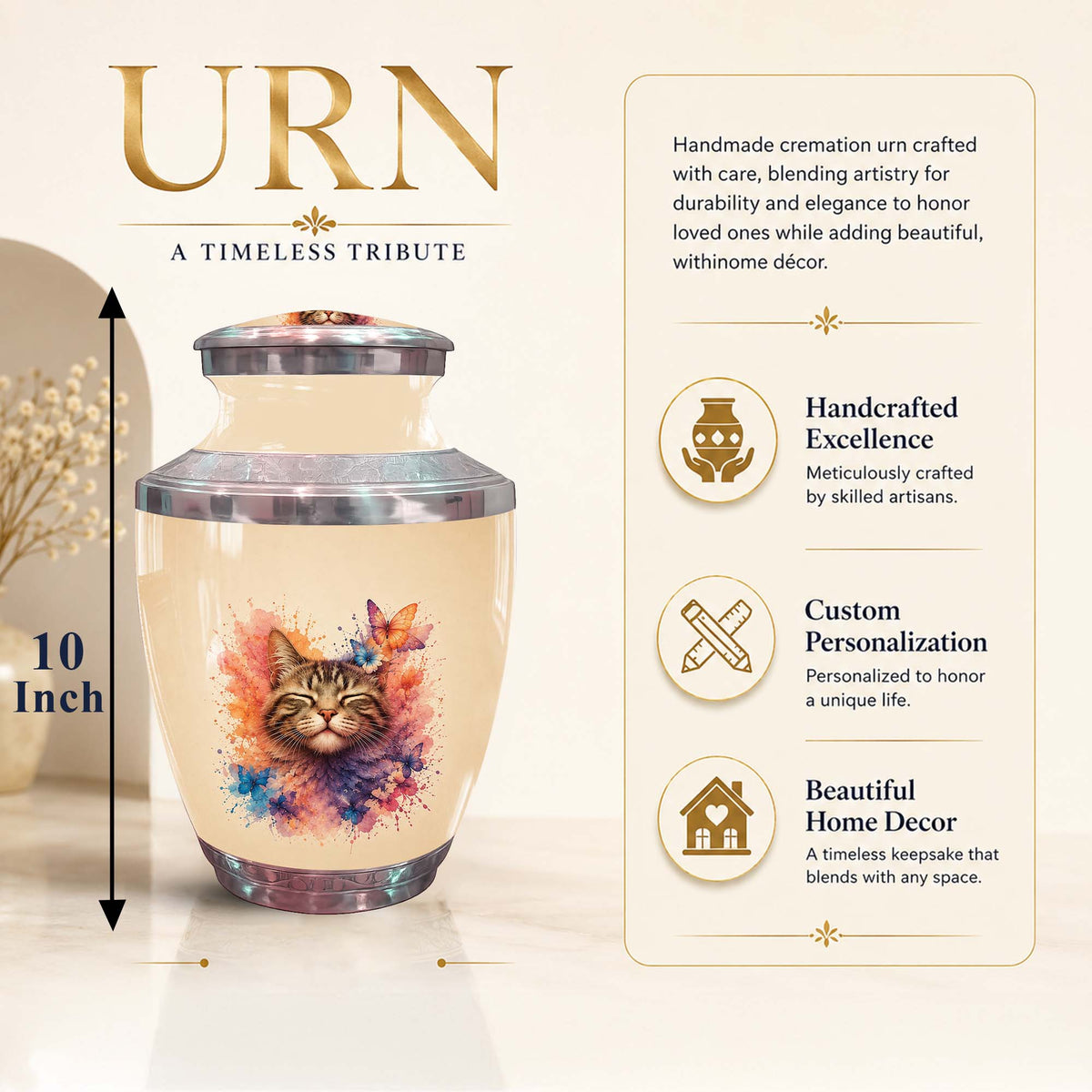 Cat Memorial Urn For Pet Ashes - Watercolor Butterfly Pet Urn
