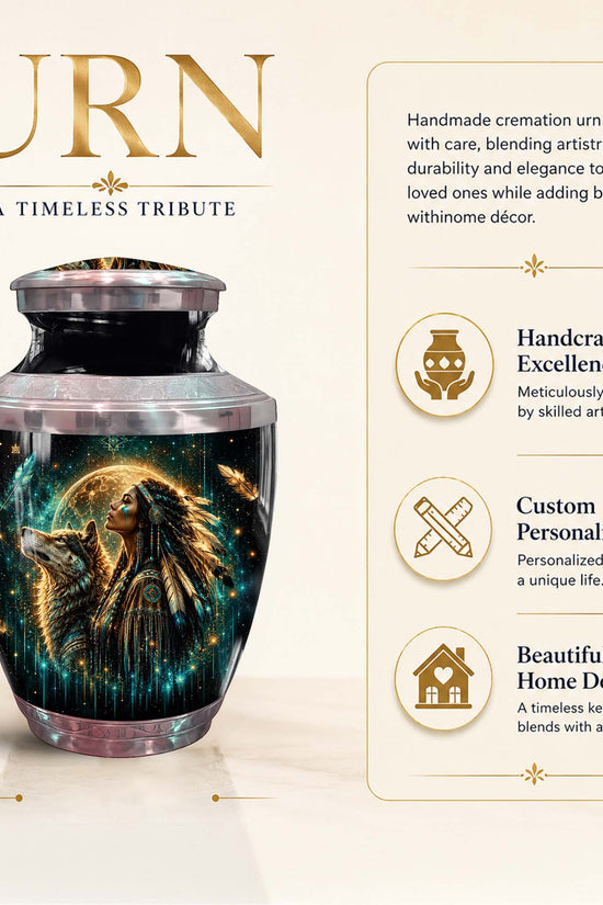Native American Urn For Women - Wolf Memorial Urn For Ashes