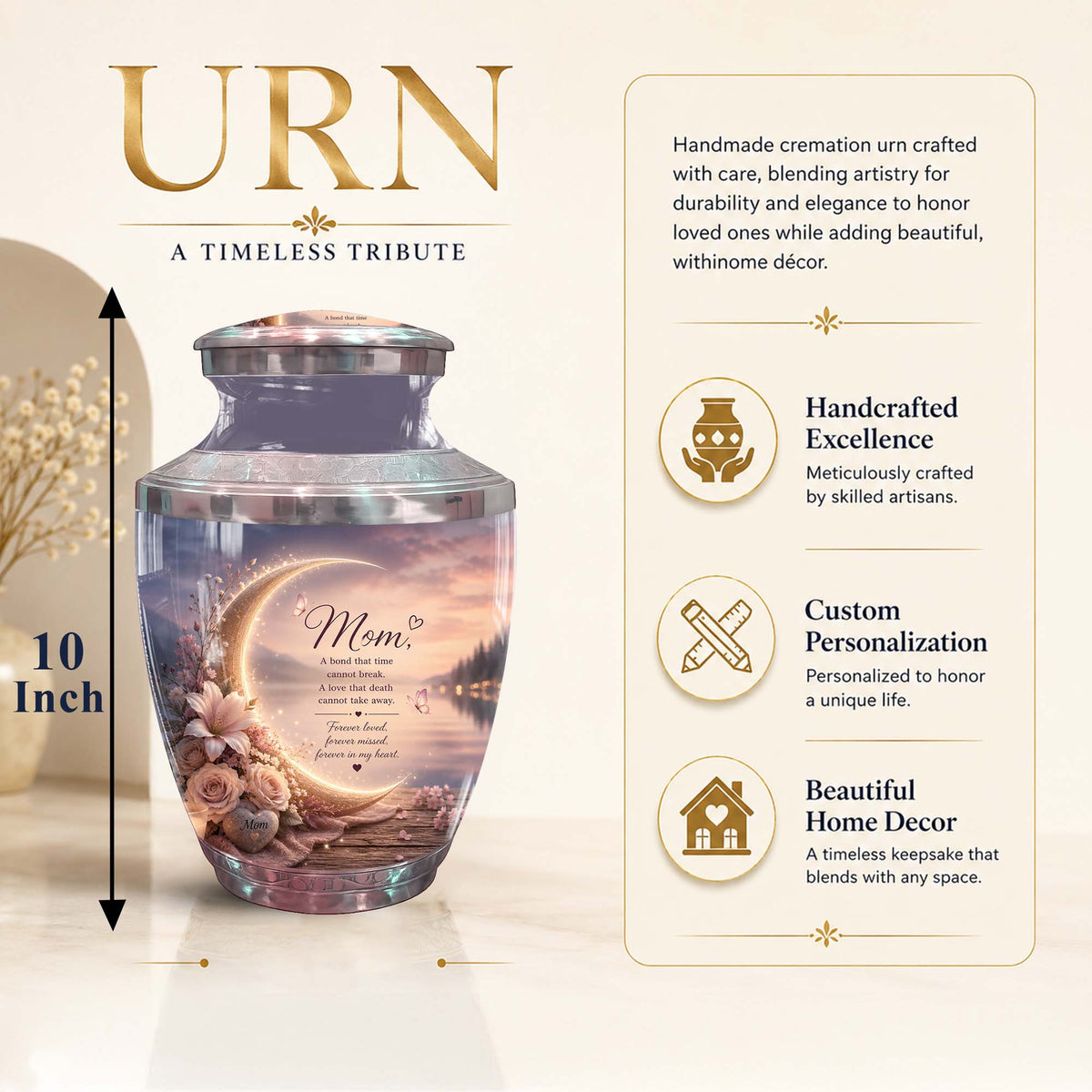 Memorial Urn for Mom – Floral Crescent Moon Cremation Urn