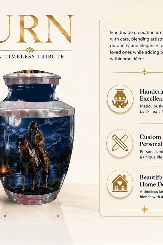 Native American Cremation Urn - Moonlit Horse Rider Urn For Adults