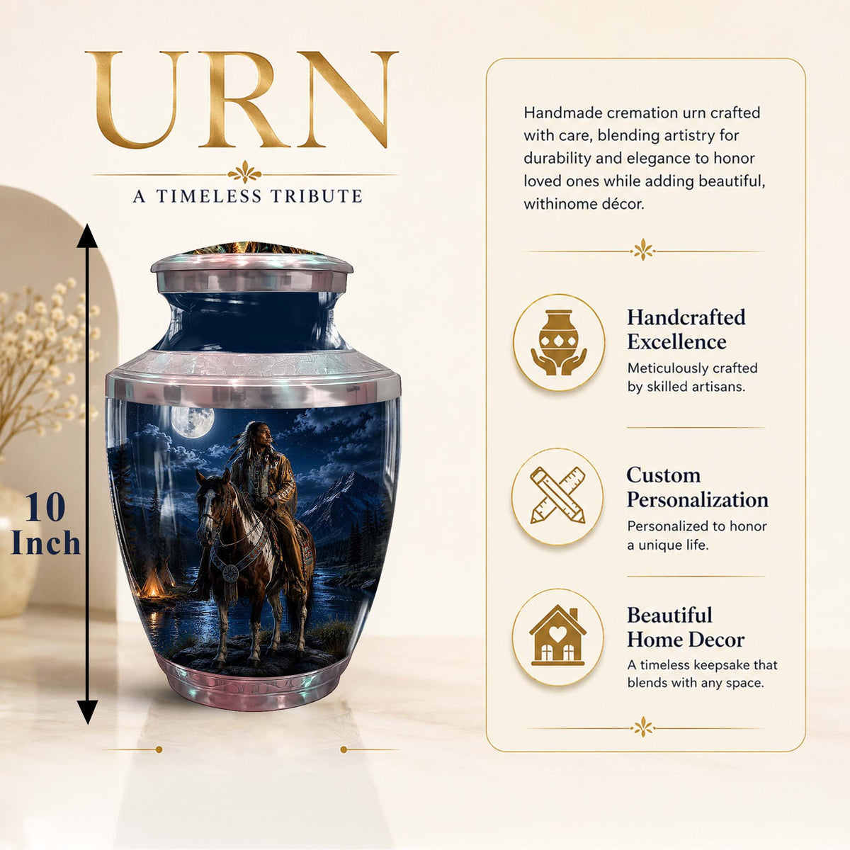 Native American Cremation Urn - Moonlit Horse Rider Urn For Adults