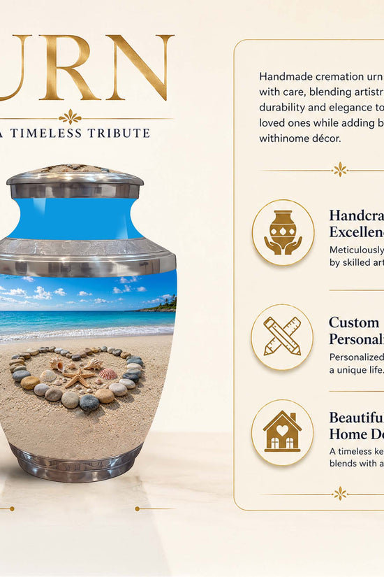 A cremation urn with a beach scene printed on the body, shown on a beige promotional graphic with text describing it as a 10-inch handmade urn, feature callouts, and the word URN.