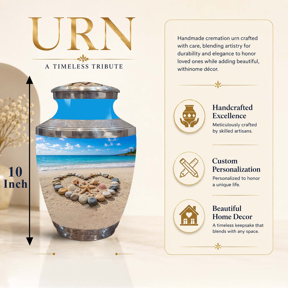 A cremation urn with a beach scene printed on the body, shown on a beige promotional graphic with text describing it as a 10-inch handmade urn, feature callouts, and the word URN.