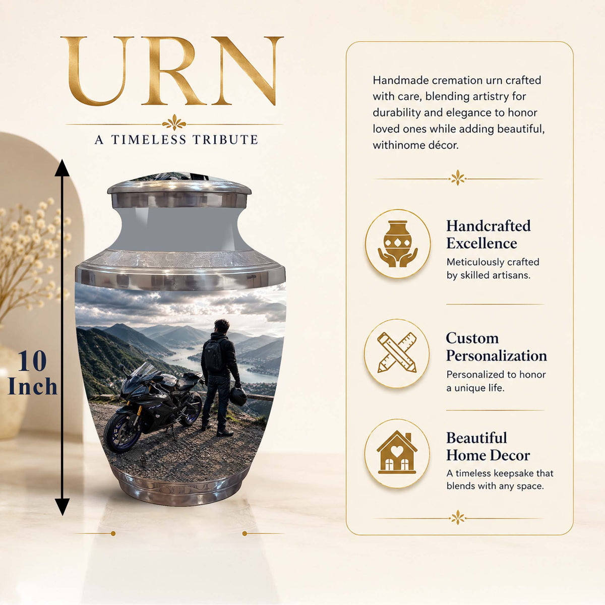 A cremation urn product graphic on a warm beige background with text callouts. The urn is shown as a tall, narrow vase with a printed scenic photo of a motorcyclist on a mountain road.