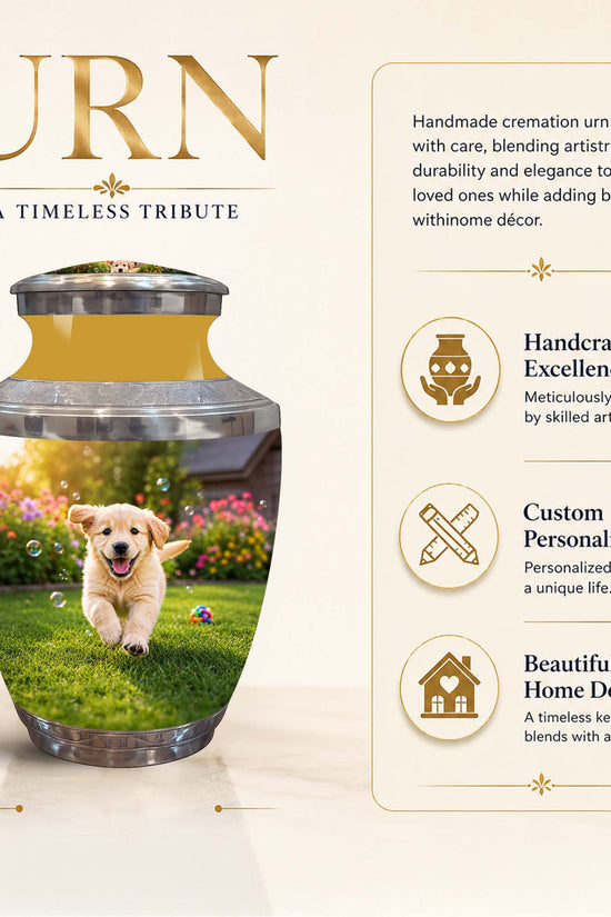 Personalized cremation urn with a printed photo of a golden retriever on a green lawn, shown on a beige background with product features and dimensions.