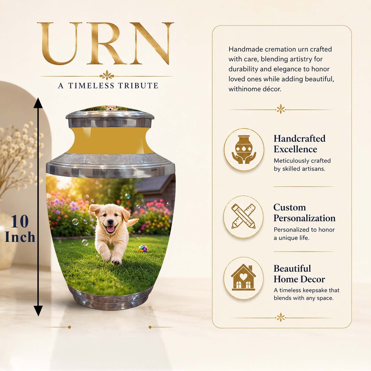 Personalized cremation urn with a printed photo of a golden retriever on a green lawn, shown on a beige background with product features and dimensions.