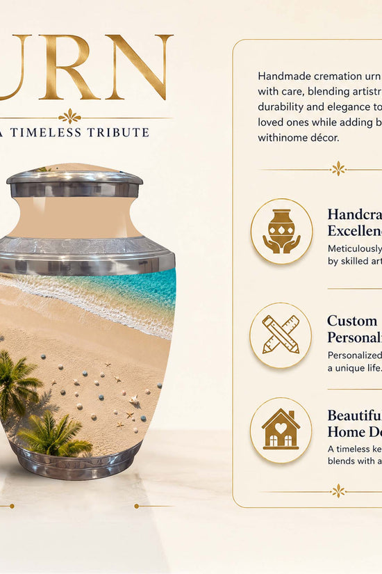 A cremation urn displayed on a cream background with marketing text. The urn is a clear glass jar with a metallic silver lid and a printed beach scene inside, including sand, palm trees, and turquoise water.