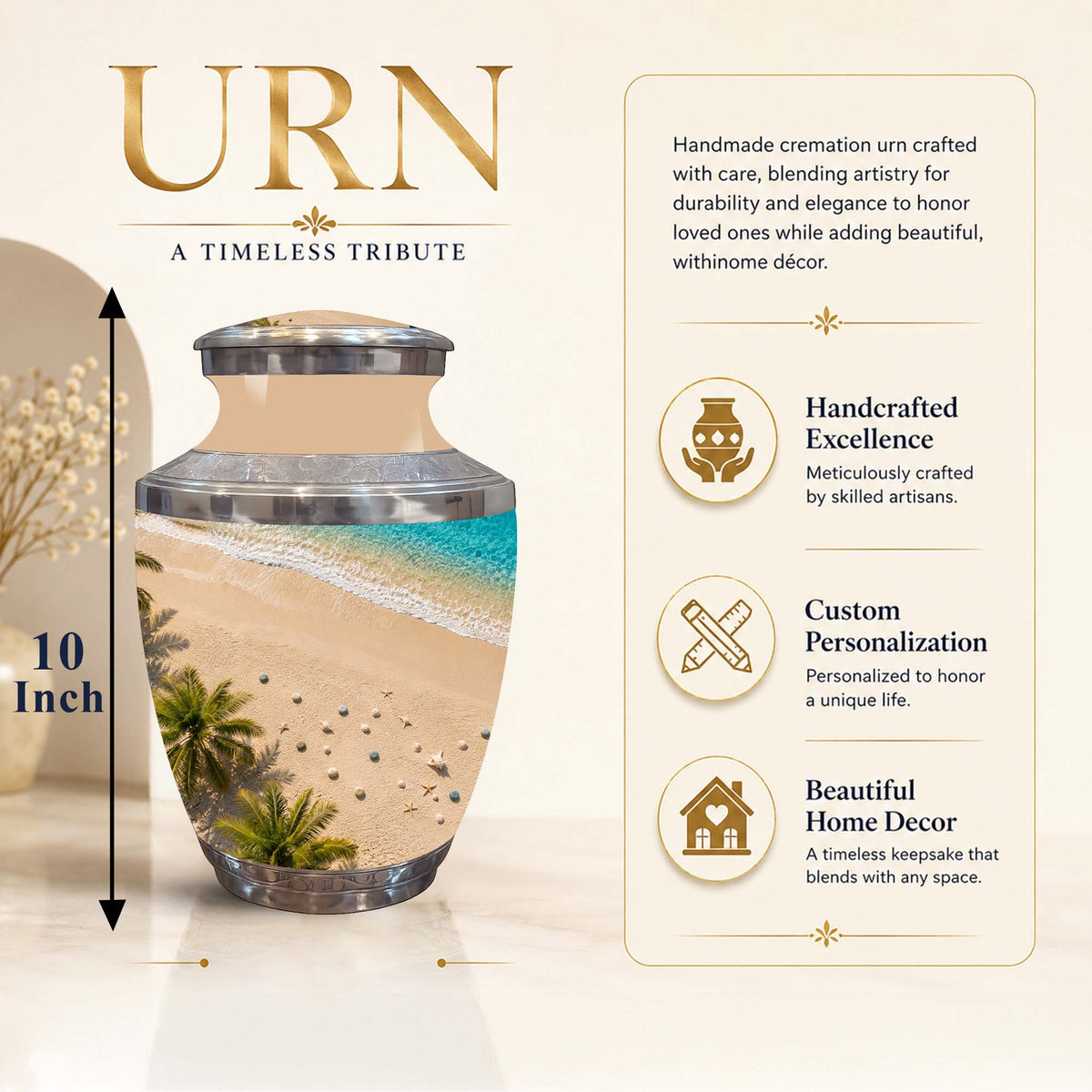 A cremation urn displayed on a cream background with marketing text. The urn is a clear glass jar with a metallic silver lid and a printed beach scene inside, including sand, palm trees, and turquoise water.