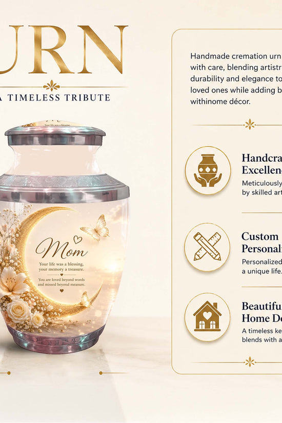 Crescent Moon Memorial Urn For Mom - Floral Urn For Ashes