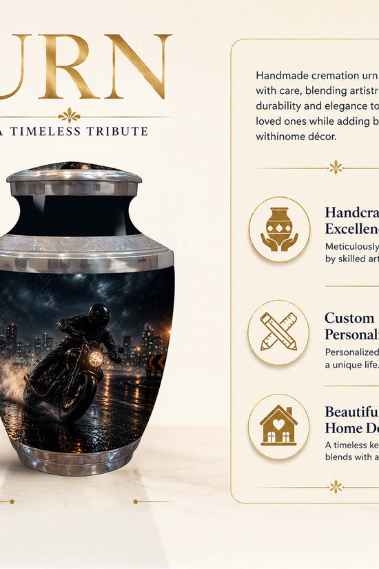 A cremation urn with a glossy black finish and a detailed graphic of a motorcycle rider on a city street at night, shown on a beige background with product features and dimensions.