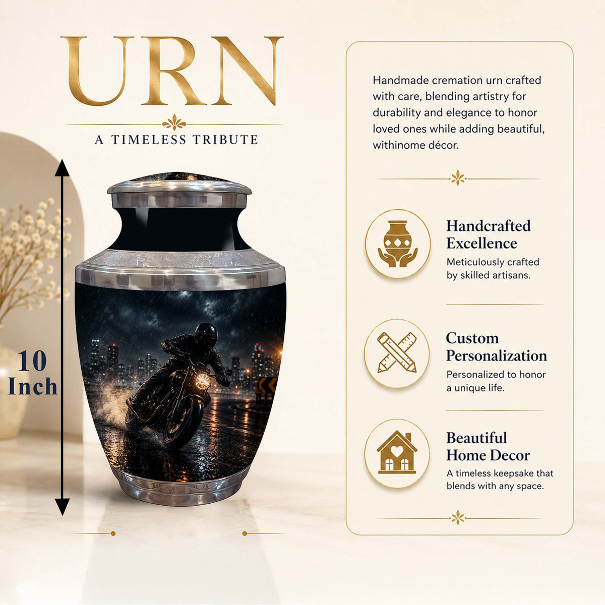 A cremation urn with a glossy black finish and a detailed graphic of a motorcycle rider on a city street at night, shown on a beige background with product features and dimensions.