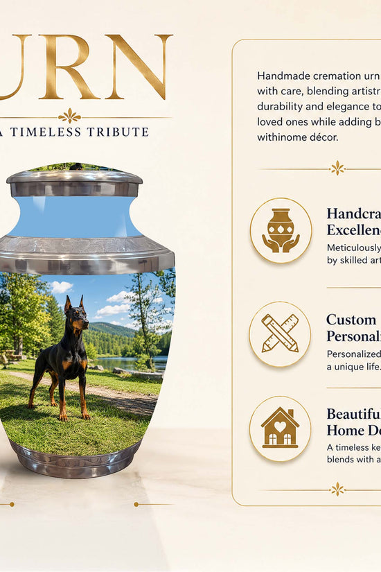 A cremation urn with a printed photo of a black and tan dog on a green lawn, shown on a beige promotional background with text describing it as a 10-inch handmade keepsake urn. The image includes feature callouts such as handcrafted excellence, custom personalization, and beautiful home decor.