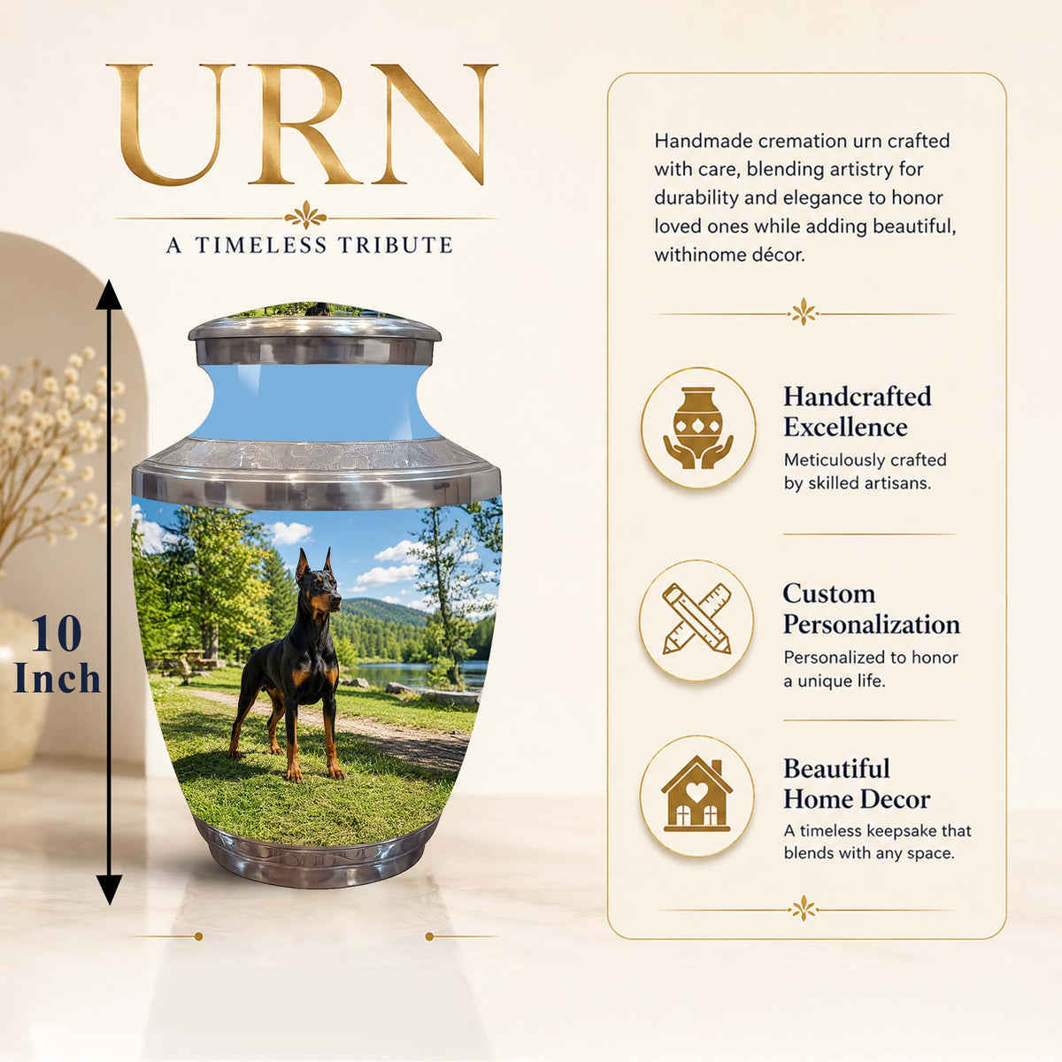 A cremation urn with a printed photo of a black and tan dog on a green lawn, shown on a beige promotional background with text describing it as a 10-inch handmade keepsake urn. The image includes feature callouts such as handcrafted excellence, custom personalization, and beautiful home decor.