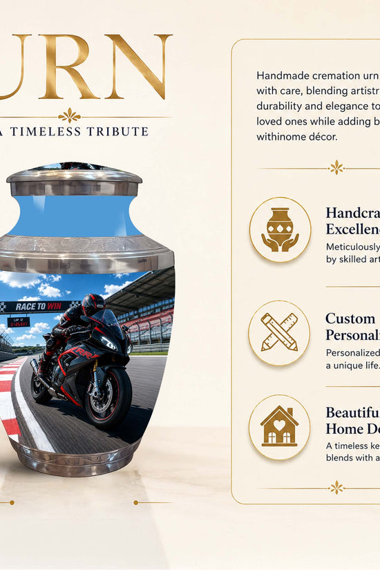 A cream-colored cremation urn with a glossy finish, featuring a printed graphic of a motorcycle racer on a race track. The image includes a dimension marker indicating a height of 10 inches and a descriptive text panel on the right highlighting the handcrafted excellence, custom personalization, and beautiful home decor qualities.
