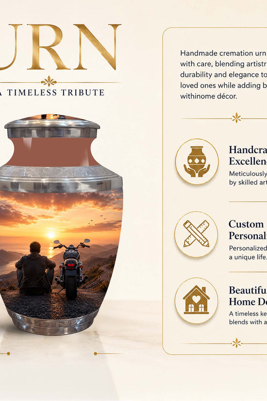 A cremation urn with a reflective silver finish and a custom sunset photo printed on the front, shown on a beige background with product text and feature callouts. The urn is labeled 10 inch tall, with large gold text reading 'URN' and descriptive copy about handmade, handcrafted, and personalized features.