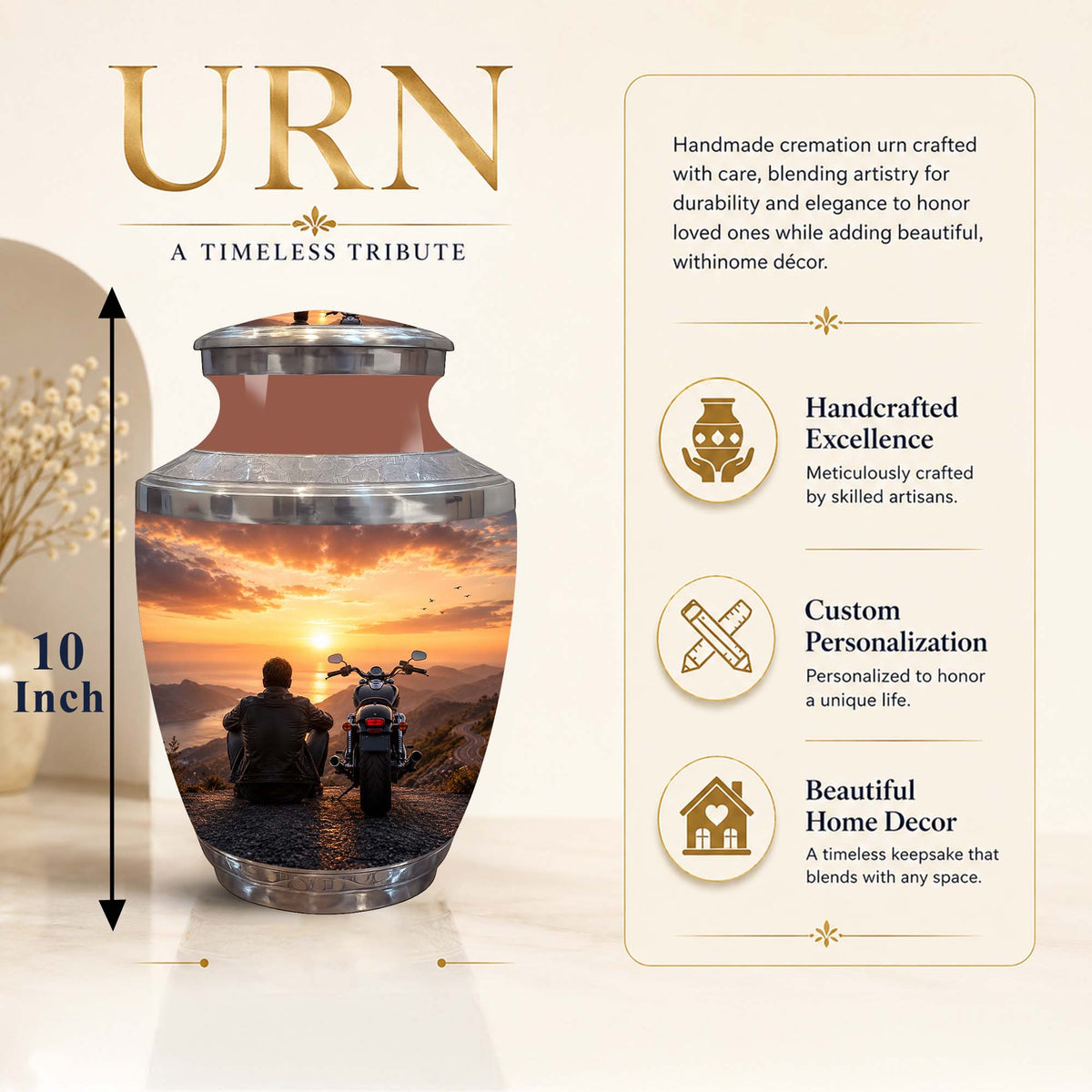A cremation urn with a reflective silver finish and a custom sunset photo printed on the front, shown on a beige background with product text and feature callouts. The urn is labeled 10 inch tall, with large gold text reading 'URN' and descriptive copy about handmade, handcrafted, and personalized features.