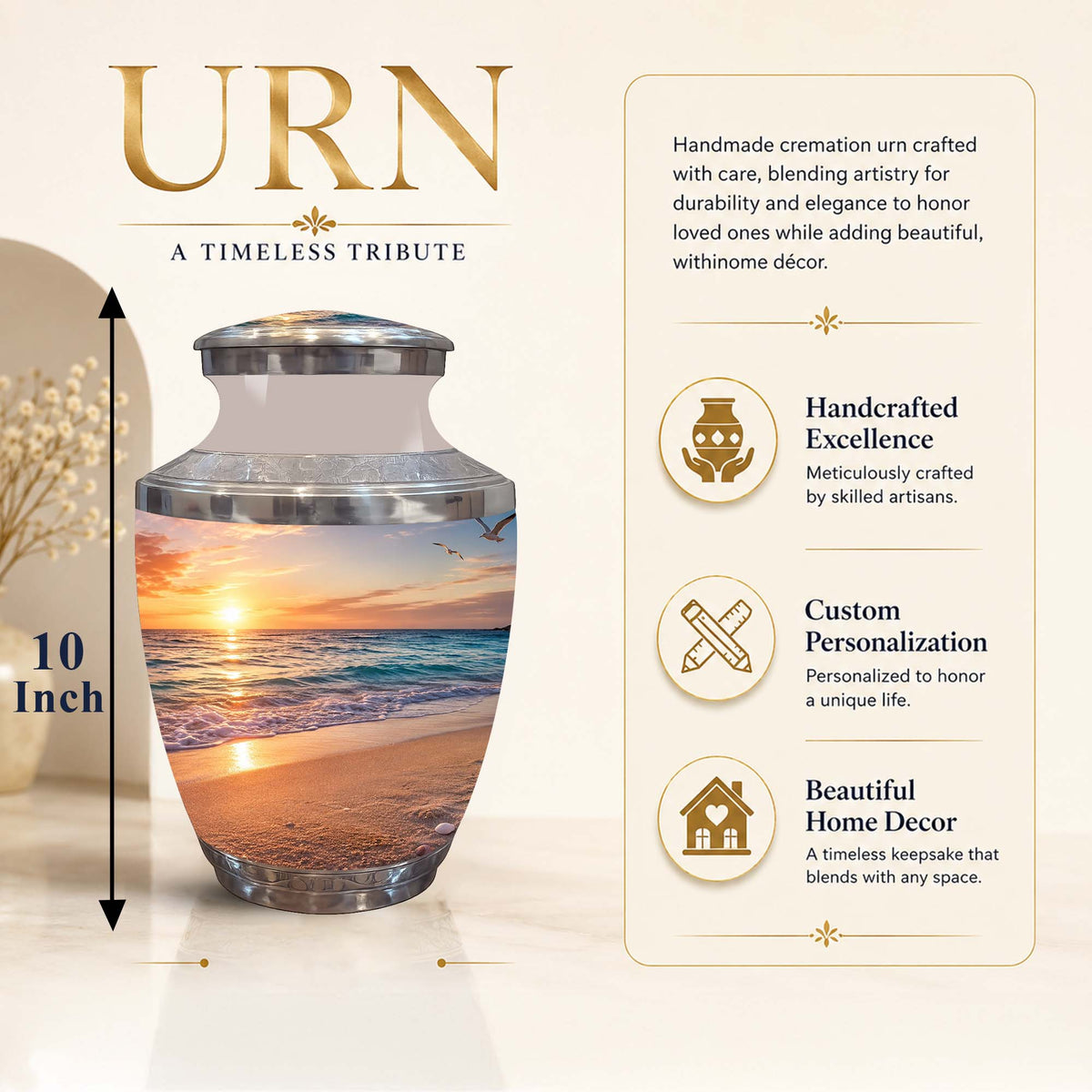A cremation urn with a beach sunset photo print, shown on a beige promotional background with text reading 'URN' and feature callouts. The urn has a silver-toned lid and base, and a printed scene of a sandy beach at sunset around the middle.