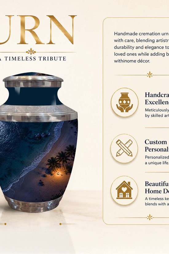 A handmade cremation urn with a dark blue and black beach scene print, featuring silver metallic rims and base. The image includes a 10-inch height dimension marker on the left and a feature list on the right highlighting handcrafted excellence, custom personalization, and beautiful home decor.