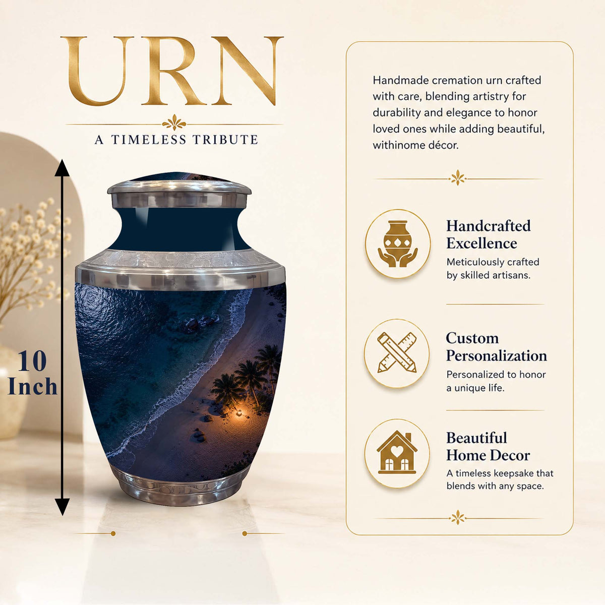 A handmade cremation urn with a dark blue and black beach scene print, featuring silver metallic rims and base. The image includes a 10-inch height dimension marker on the left and a feature list on the right highlighting handcrafted excellence, custom personalization, and beautiful home decor.