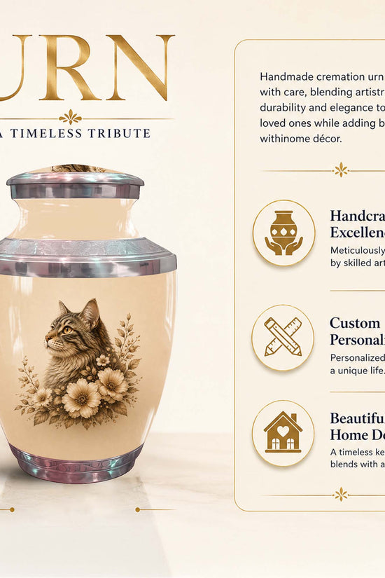Cat Floral Urn For Ashes - Cat Themed Urns For Cremation