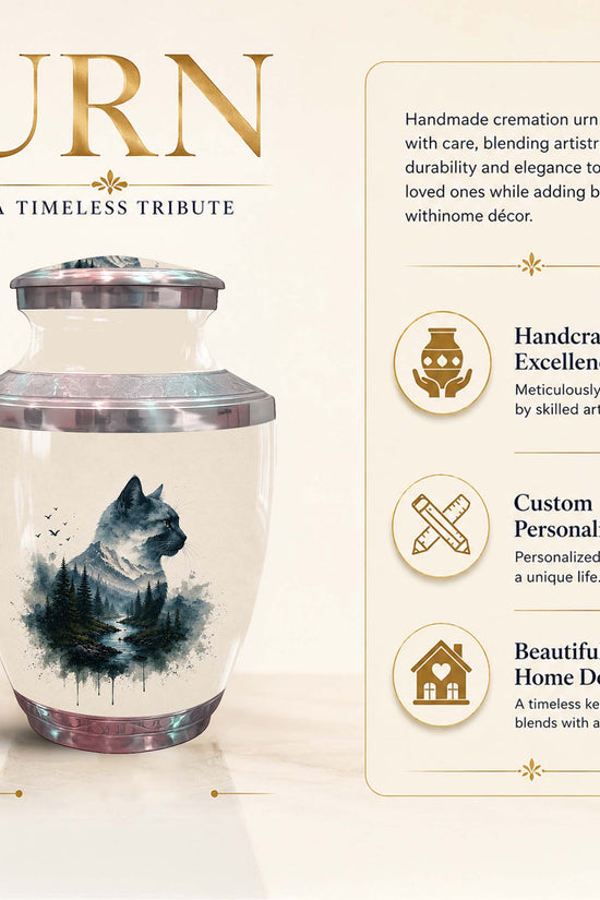 Cat Silhouette Cremation Urn For Pet - Nature Themed Urn For Cat