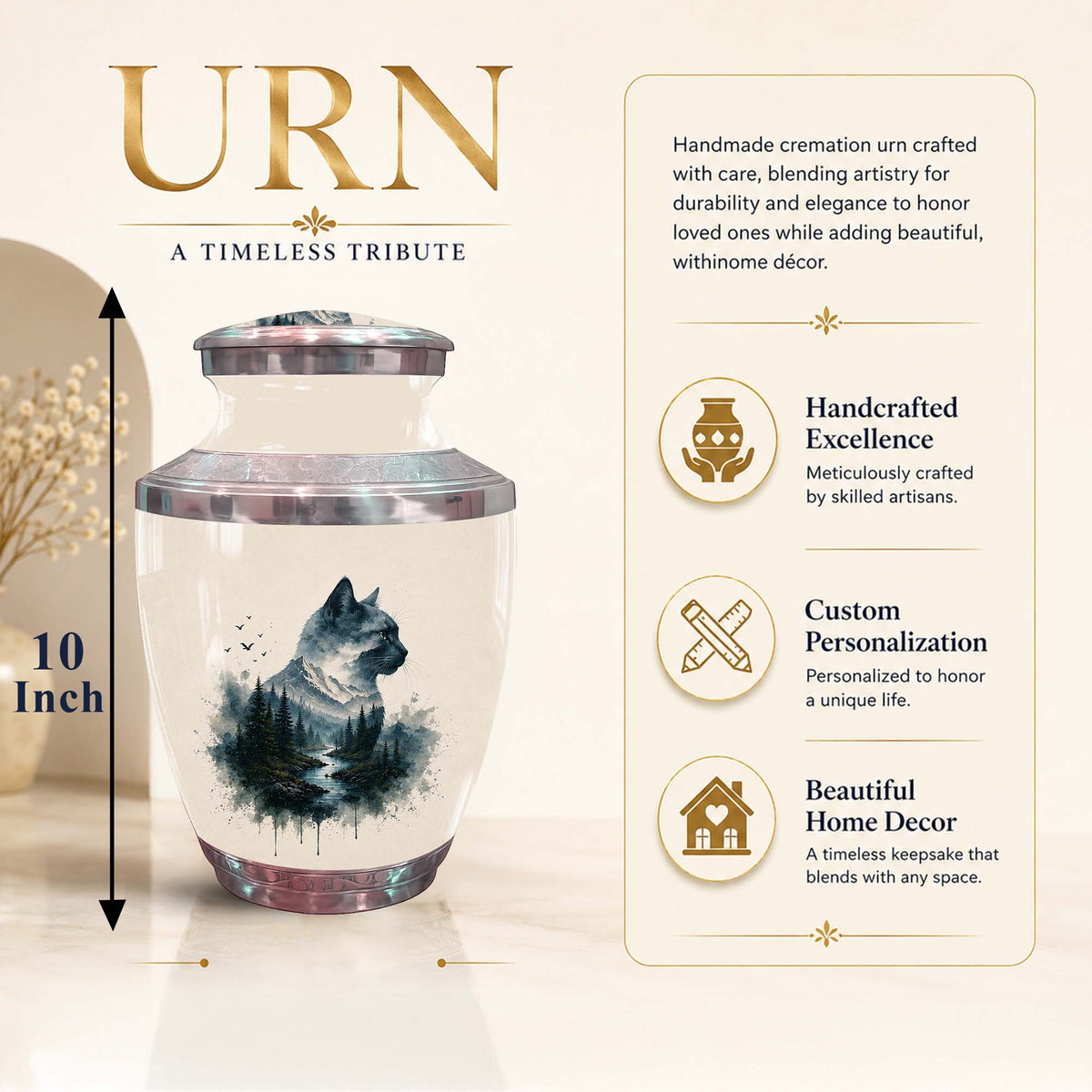 Cat Silhouette Cremation Urn For Pet - Nature Themed Urn For Cat