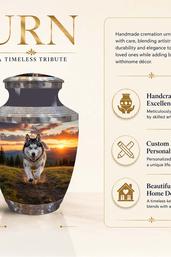 Personalized cremation urn with a printed husky dog and sunset landscape design, shown on a beige background with product text and a 10-inch height indicator.