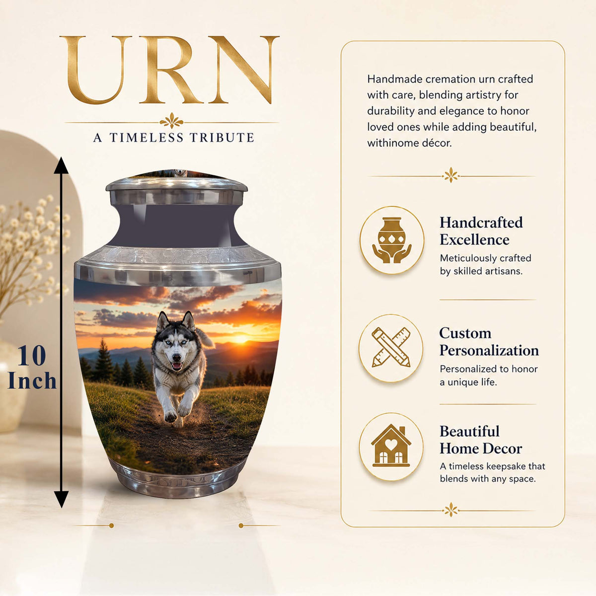 Personalized cremation urn with a printed husky dog and sunset landscape design, shown on a beige background with product text and a 10-inch height indicator.