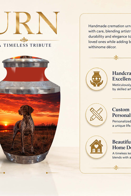 A cremation urn with a sunset landscape print of a dog on the front, shown on a beige promotional background with text describing features and dimensions.