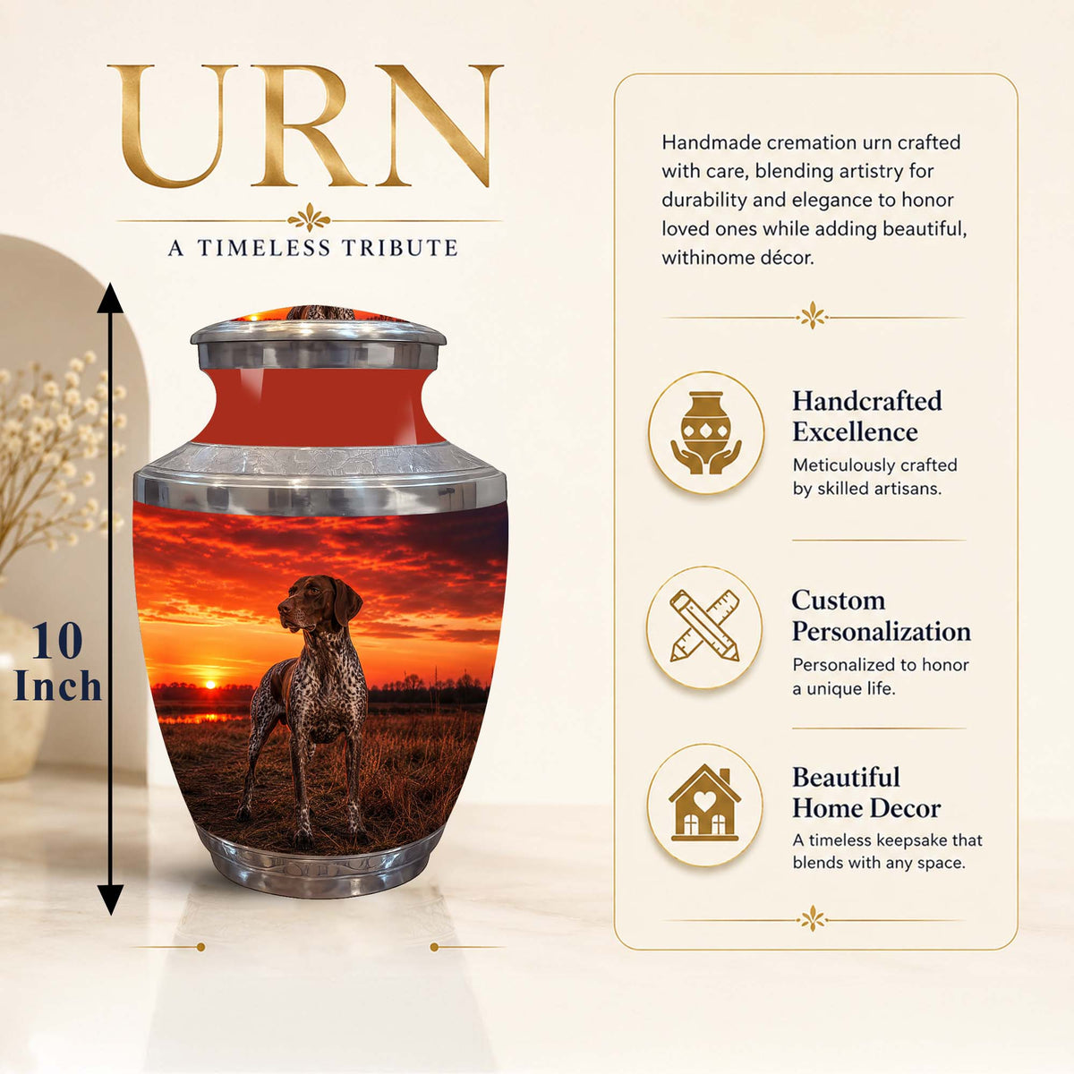 A cremation urn with a sunset landscape print of a dog on the front, shown on a beige promotional background with text describing features and dimensions.