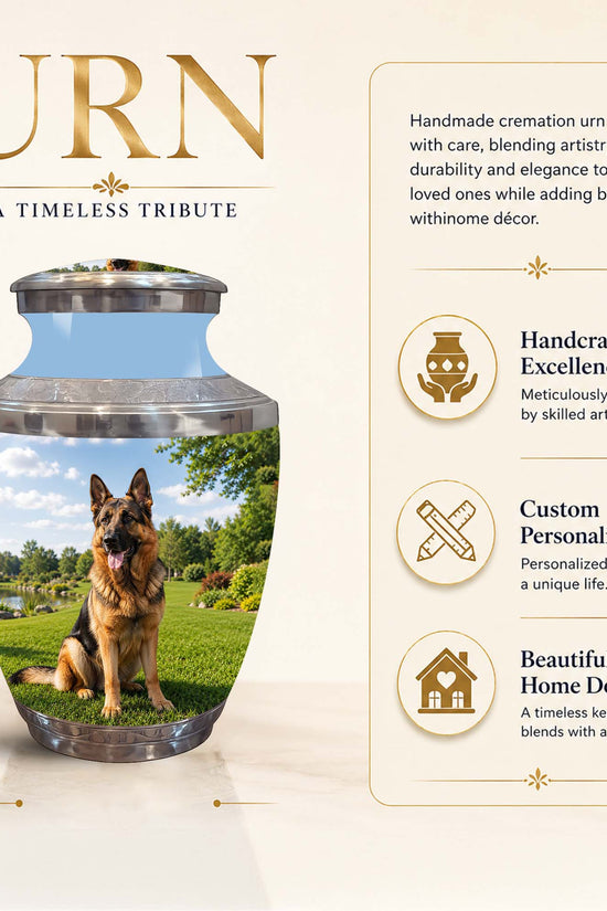 A cremation urn product graphic showing a tall decorative urn with a printed dog photo on the front, a blue upper section, and a silver rim. Large text reads 'URN' and 'A TIMELESS TRIBUTE,' with a 10-inch height marker and feature callouts on the right.