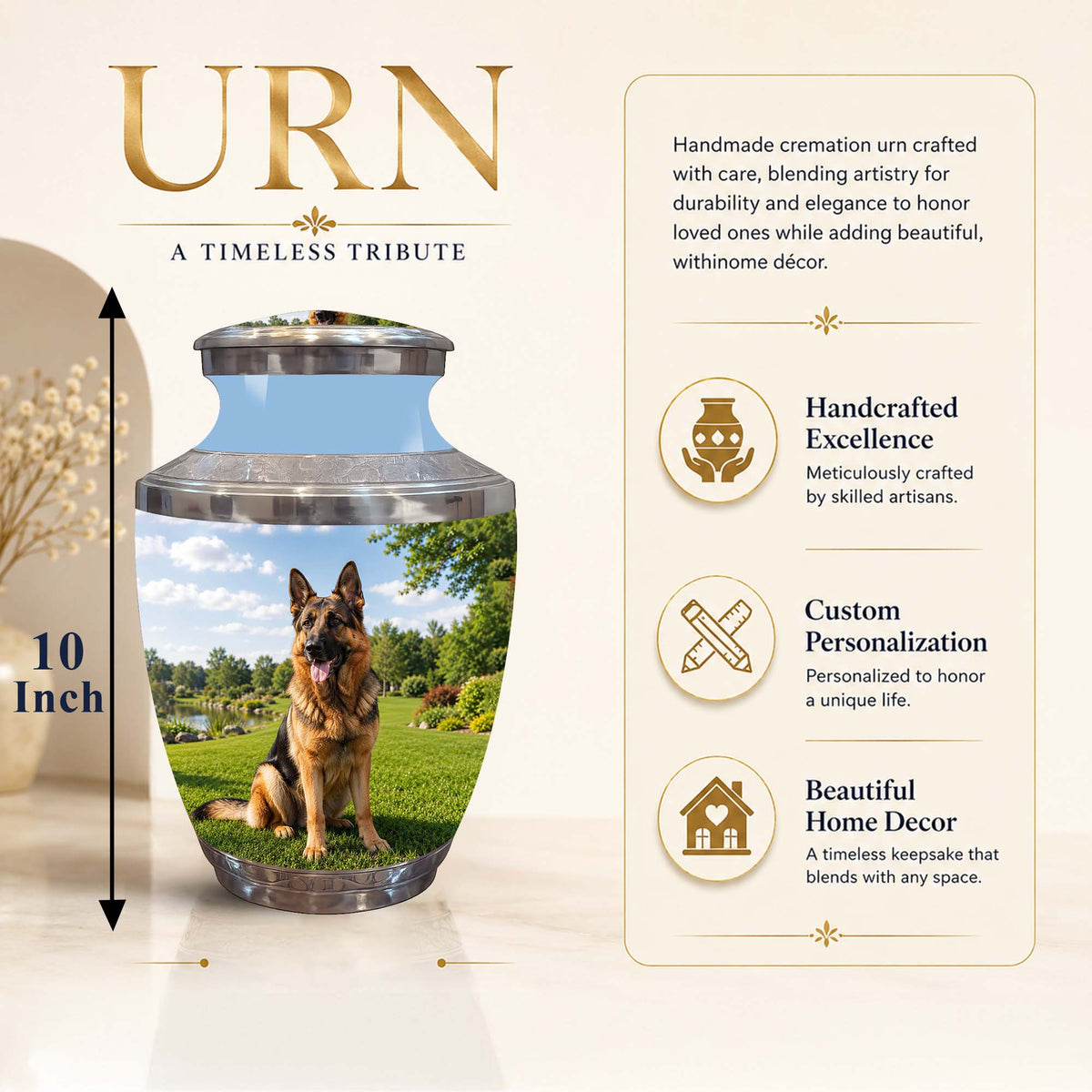 A cremation urn product graphic showing a tall decorative urn with a printed dog photo on the front, a blue upper section, and a silver rim. Large text reads 'URN' and 'A TIMELESS TRIBUTE,' with a 10-inch height marker and feature callouts on the right.