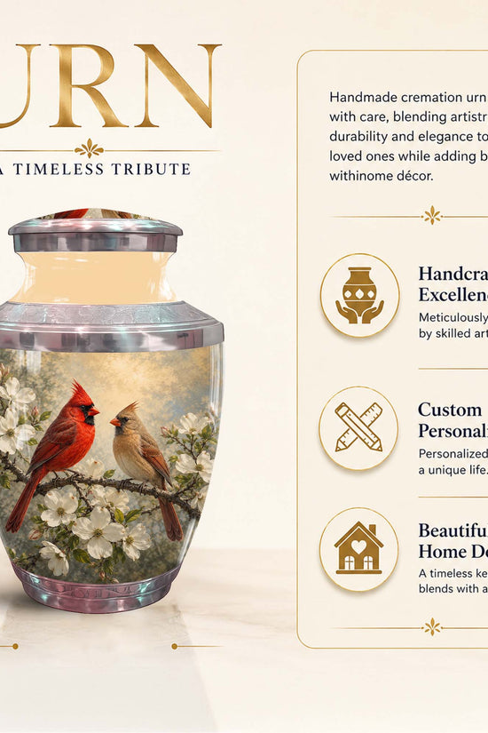 Cardinal Birds Memorial Urn For Ashes - White Blossom Funeral Urn