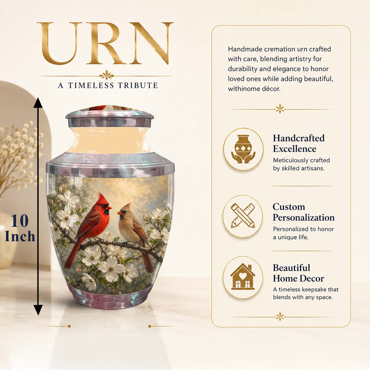 Cardinal Birds Memorial Urn For Ashes - White Blossom Funeral Urn