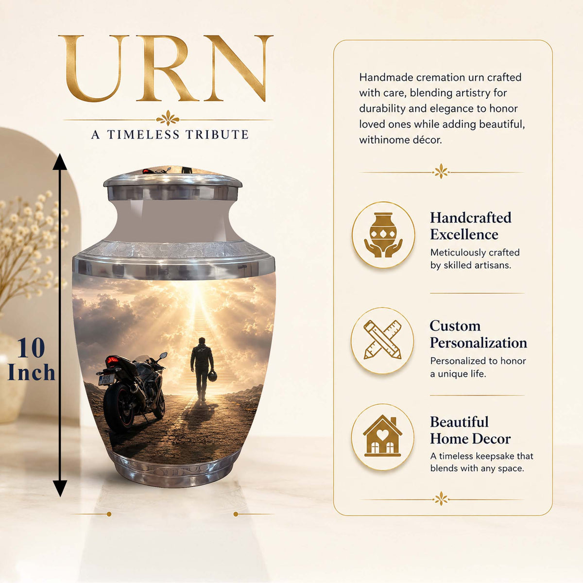 A cremation urn with a printed scenic design of a motorcycle and a walking figure under a bright sky, shown on a beige promotional background with text describing features and dimensions.