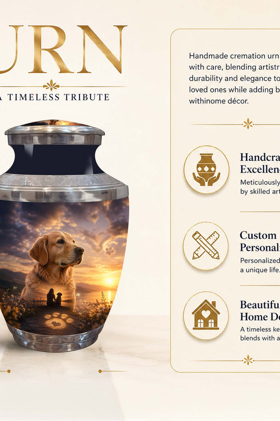 A cremation urn with a printed photo of a golden retriever and a sunset scene, shown on a beige background with product text and feature callouts. The urn is labeled 10 inch tall, and the image includes marketing text about handmade craftsmanship, customization, and home decor appeal.