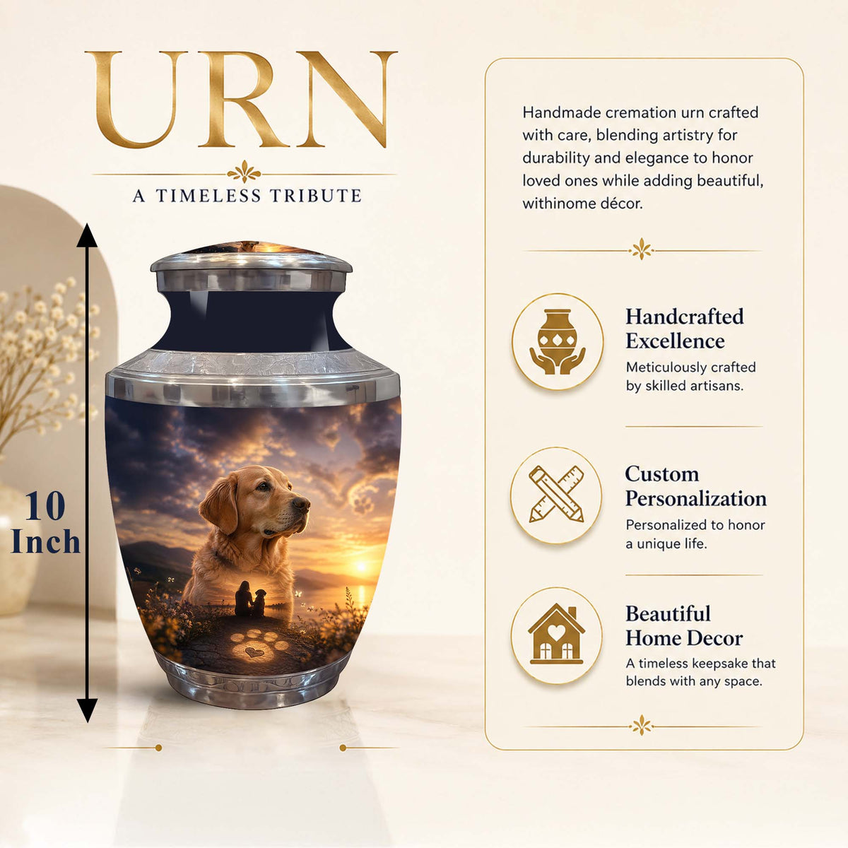 A cremation urn with a printed photo of a golden retriever and a sunset scene, shown on a beige background with product text and feature callouts. The urn is labeled 10 inch tall, and the image includes marketing text about handmade craftsmanship, customization, and home decor appeal.